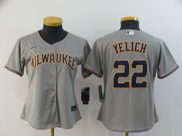 Women Milwaukee Brewers #22 Christian Yelich Grey 2020 Nike Cool Base Jersey