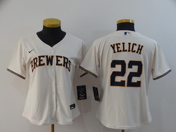 Women Milwaukee Brewers #22 Christian Yelich Cream 2020 Nike Cool Base Jersey