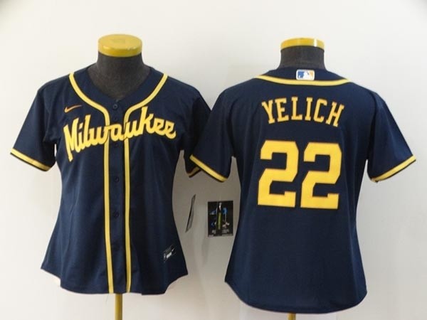 Women Milwaukee Brewers #22 Christian Yelich Navy 2020 Nike Cool Base Jersey