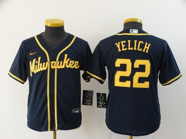 Youth Milwaukee #22 Christian Yelich Navy Nike 2020 Cool Base Jersey