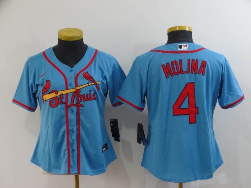 Women St.Louis Cardinals #4 Yadier Molina Light Blue 2020 Nike Cool Base Jersey