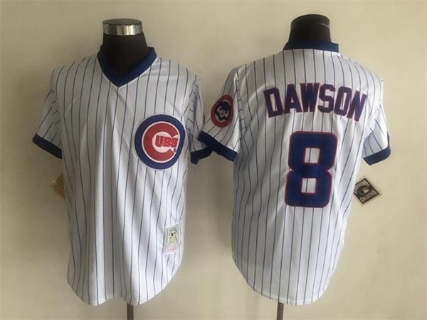 Men's Chicago Cubs #8 Andre Dawson Throwback White Pinstripe Pullover Jersey