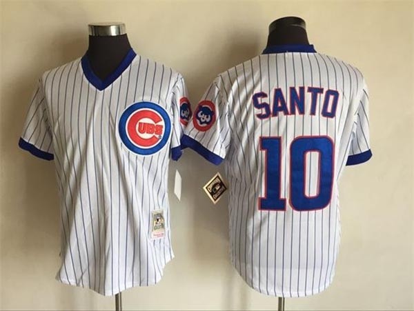 Men's Chicago Cubs #10 Ron Santo Throwback White Pinstripe Pullover Jersey