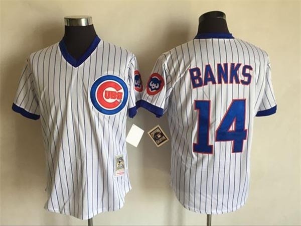 Men's Chicago Cubs #14 Ernie Banks Throwback White Pinstripe Pullover Jersey