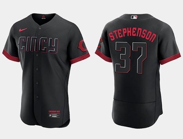 Men's Cincinnati Reds #37 Tyler Stephenson Black 2023 City Connect Flex Base Stitched Jersey