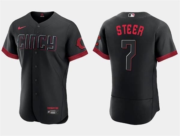 Men's Cincinnati Reds Spencer Steer Black 2023 City Connect Flex Base Stitched Jersey