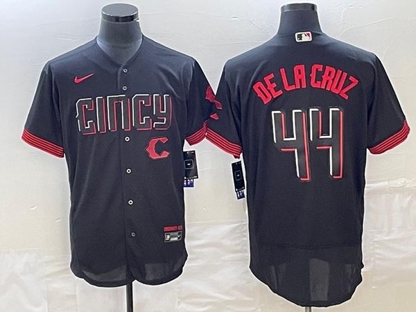 Men's Cincinnati Reds #44 Elly De La Cruz Black with front C 2023 City Connect Cool Base Stitched Jersey