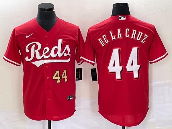 Men's Cincinnati Reds #44 Elly De La Cruz Gold Number Red Cool Base Stitched Baseball Jersey