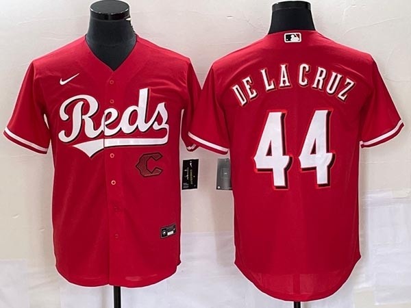 Men's Cincinnati Reds #44 Elly De La Cruz Red with front C Cool Base Stitched Baseball Jersey