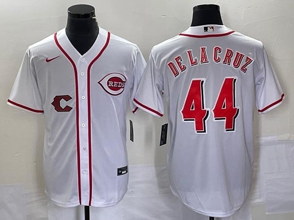 Men's Cincinnati Reds #44 Elly De La Cruz White with front C Cool Base Stitched Baseball Jersey