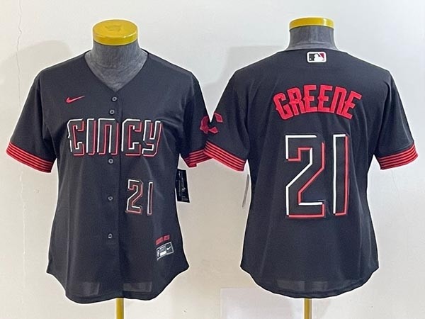 Women's Cincinnati Reds #21 Hunter Greene Black 2023 City Connect With front Number Stitched Baseball Jersey(Run Small)