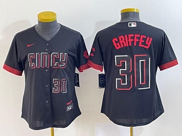 Women's Cincinnati Reds #30 Ken Griffey Jr. Black 2023 City Connect With front Number Stitched Baseball Jersey(Run Small)