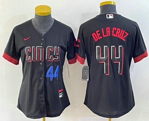 Women's Cincinnati Reds #44 Elly De La Cruz blue Number Black 2023 City Connect Cool Base Stitched Baseball Jersey