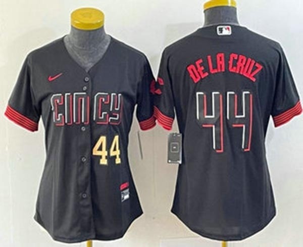 Women's Cincinnati Reds #44 Elly De La Cruz gold Number Black 2023 City Connect Cool Base Stitched Baseball Jersey