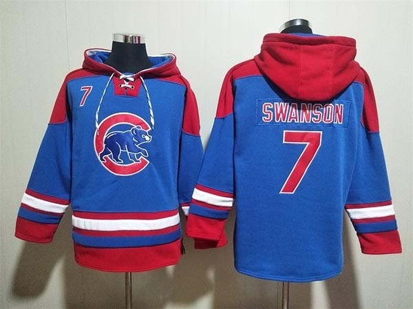 Men's Chicago Cubs #7 Dansby Swanson Royal Red Ageless Must-Have Lace-Up Pullover Hoodie