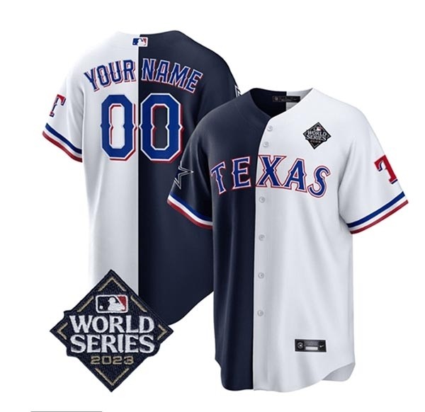 Men's Texas Rangers & Cowboys Active Player Custom Navy White Splite 2023 World Series Splite Stitched Baseball Jersey(Name and number remark in comment column)