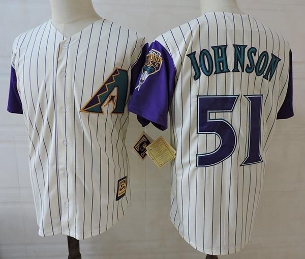 Men's Arizona Diamondbacks #51 Randy Johnson Cream with Purple sleeve Throwback Jersey