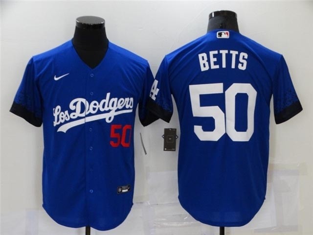 Los Angeles Dodgers #50 Mookie Betts Royal Blue 2021 City Connect Cool Base Jersey with front of number