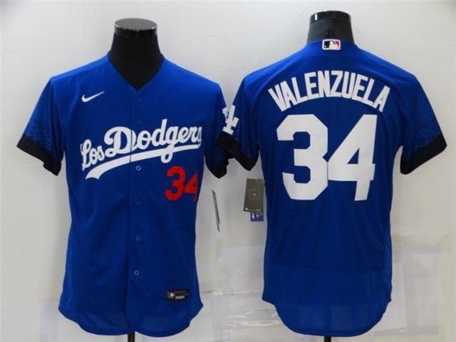 Los Angeles Dodgers #34 Fernando Valenzuela Royal Blue 2021 City Connect Flex Base Jersey