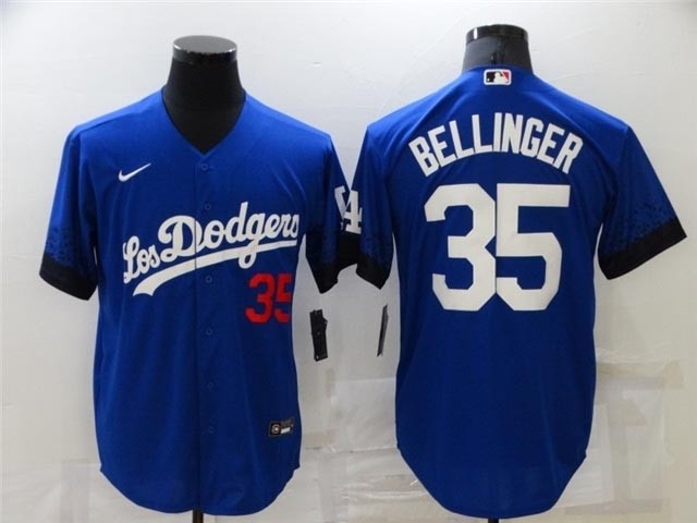 Los Angeles Dodgers #35 Cody Bellinger Royal Blue 2021 City Connect Cool Base Jersey with front of number