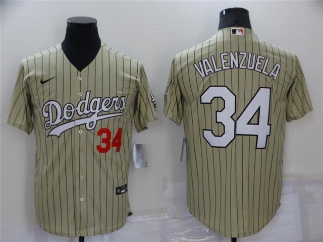 Los Angeles Dodgers #34 Fernando Valenzuela Cream Pinstripe Cool Base Jersey