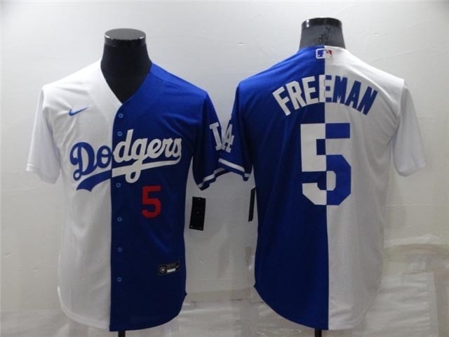 Los Angeles Dodgers #5 Freddie Freeman Split Royal Blue-White with front Number Cool Base Jersey