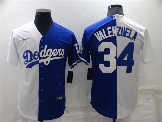 Los Angeles Dodgers #34 Fernando Valenzuela Split Royal Blue-White Cool Base Jersey