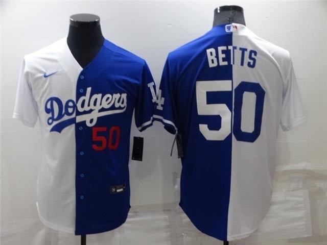 Los Angeles Dodgers #50 Mookie Betts Split Royal Blue-White with front Number Cool Base Jersey