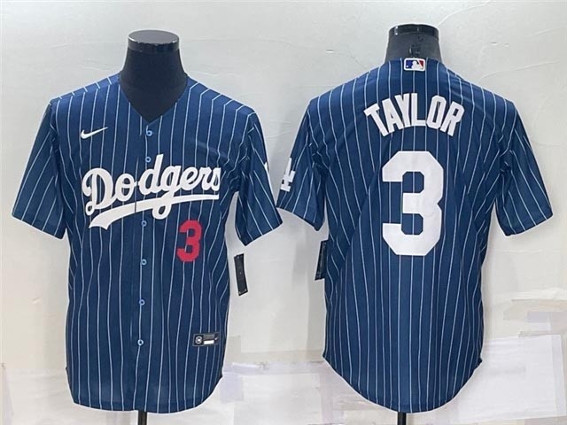 Los Angeles Dodgers #3 Chris Taylor Blue Pinstripe with front Red Number Cool Base Jersey