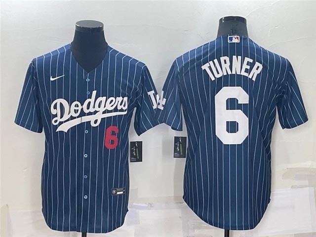 Los Angeles Dodgers #6 Trea Turner Blue Pinstripe with front Red Number Cool Base Jersey