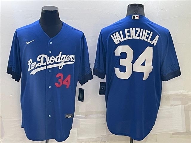 Men's Los Angeles Dodgers #34 Fernando Valenzuela Royal Blue 2021 City Connect with front Red Number Cool Base Jersey