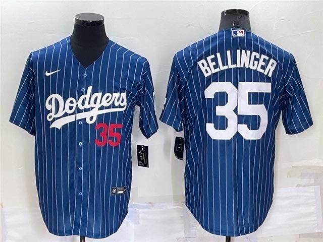 Men's Los Angeles Dodgers #35 Cody Bellinger Blue Pinstripe Cool Base Jersey