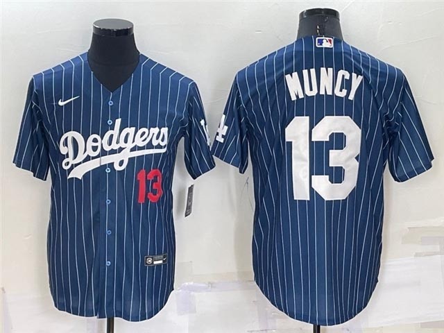 Los Angeles Dodgers #13 Max Muncy Blue Pinstripe with front Red Number Cool Base Jersey