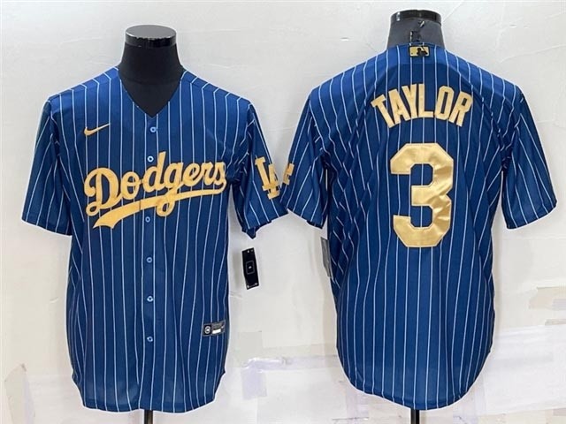 Los Angeles Dodgers #3 Chris Taylor Blue Pinstripe Gold Word Cool Base Jersey