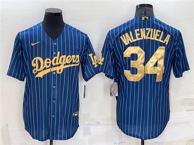 Los Angeles Dodgers #34 Fernando Valenzuela Blue Pinstripe Gold Word Cool Base Jersey