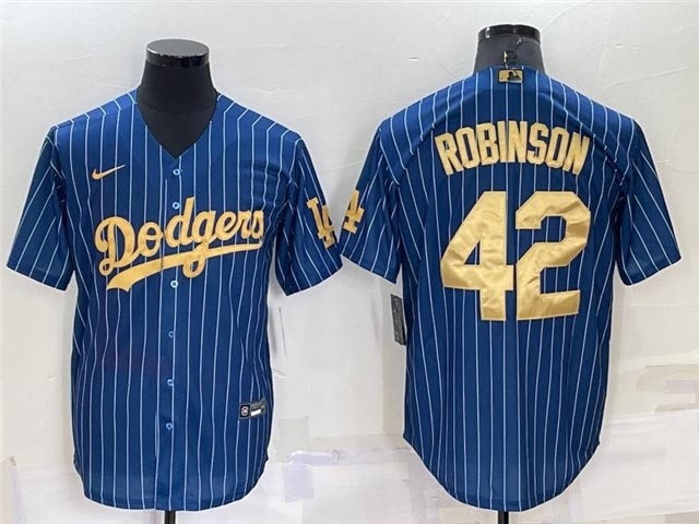 Los Angeles Dodgers #42 Jackie Robinson Blue Pinstripe Gold Word Cool Base Jersey