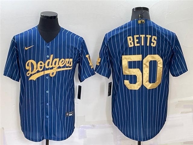 Los Angeles Dodgers #50 Mookie Betts Blue Pinstripe Gold Word Cool Base Jersey