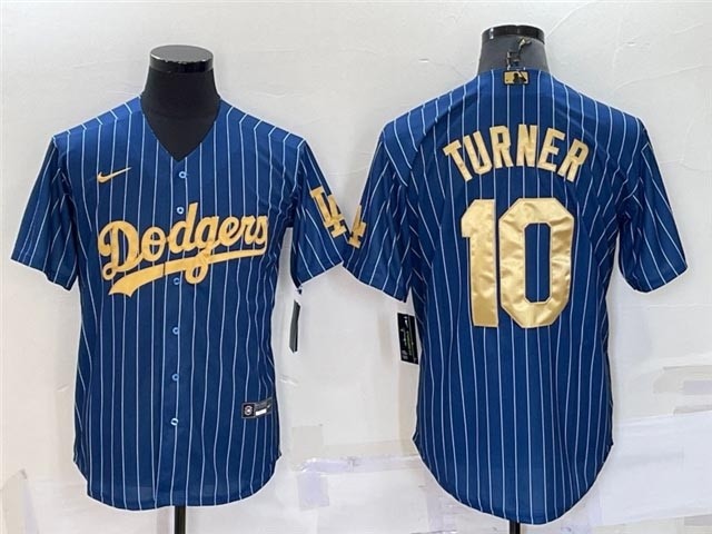 Los Angeles Dodgers #10 Justin Turner Blue Pinstripe Gold word Cool Base Jersey