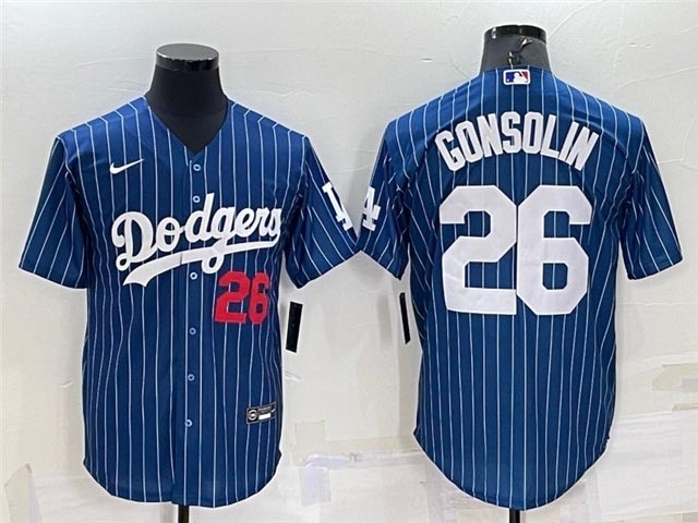 Los Angeles Dodgers #26 Tony Gonsolin Blue Pinstripe with Front of Red Number Cool Base Jersey