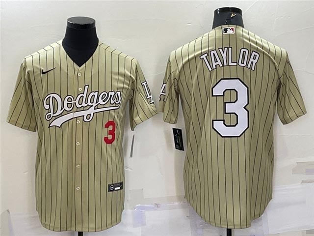 Men's Los Angeles Dodgers #3 Chris Taylor Gold Pinstripe Cool Base Jersey