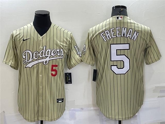 Men's Los Angeles Dodgers #5 Freddie Freeman Gold Pinstripe Cool Base Jersey