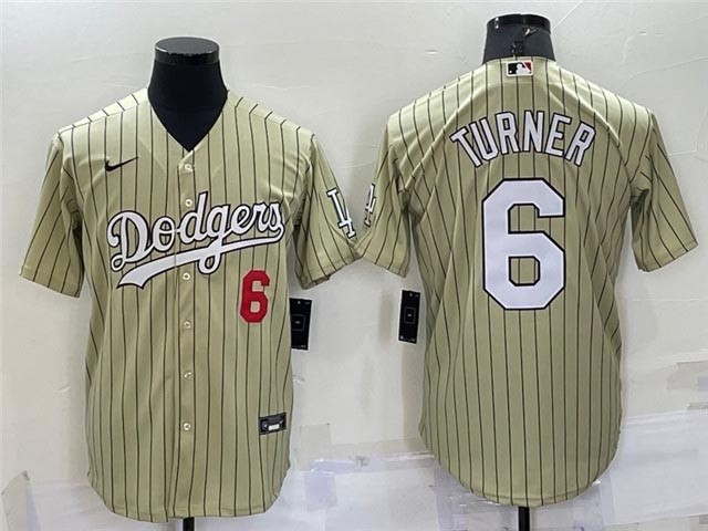 Men's Los Angeles Dodgers #6 Trea Turner Gold Pinstripe Cool Base Jersey