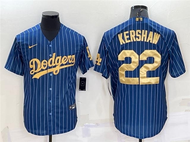 Men's Los Angeles Dodgers #22 Clayton Kershaw Blue Pinstripe Cool Base Jersey