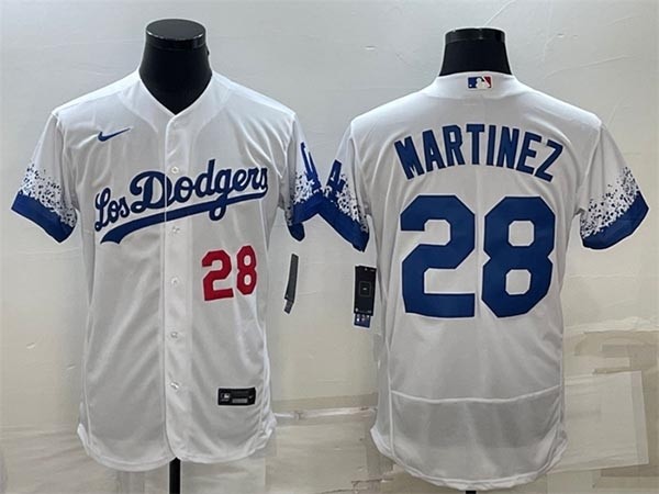 Men's Los Angeles Dodgers #28 J.D. Martinez White With front Red Number City Connect Flex Base Stitched Baseball Jersey