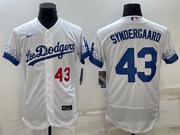 Men's Los Angeles Dodgers #43 Noah Syndergaard White with front Red Number City Connect Flex Base Stitched Baseball Jersey