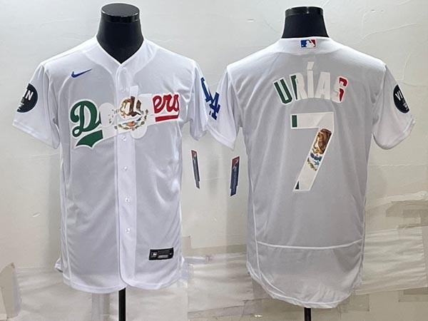 Men's Los Angeles Dodgers #7 Julio Urias White With Vin Scully Patch Flex Base Stitched Baseball Jersey