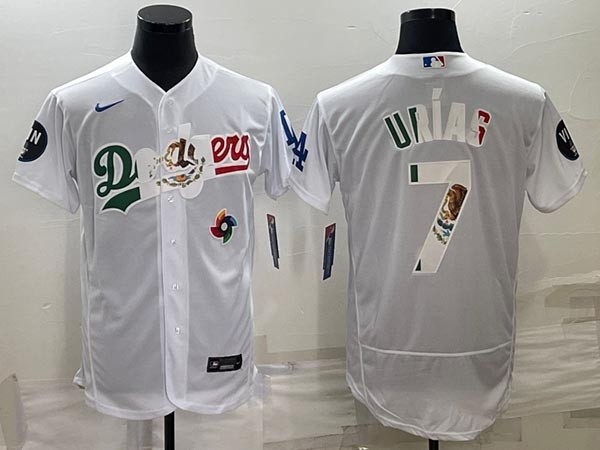 Men's Los Angeles Dodgers #7 Julio Urias White With Vin Scully Patch with front Logo Flex Base Stitched Baseball Jersey