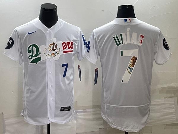 Men's Los Angeles Dodgers #7 Julio Urias White With Vin Scully Patch With Front Number Flex Base Stitched Baseball Jersey