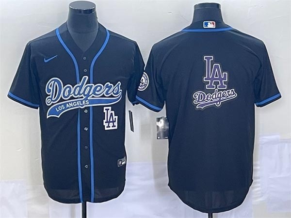 Men's Los Angeles Dodgers Black Team Big Logo LA With Patch Cool Base Stitched Baseball Jersey