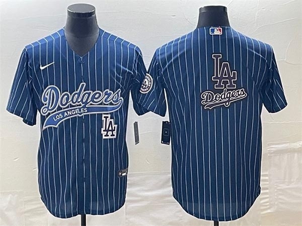 Men's Los Angeles Dodgers Blue Stripe Team Big Logo With Patch Cool Base Stitched Baseball Jersey